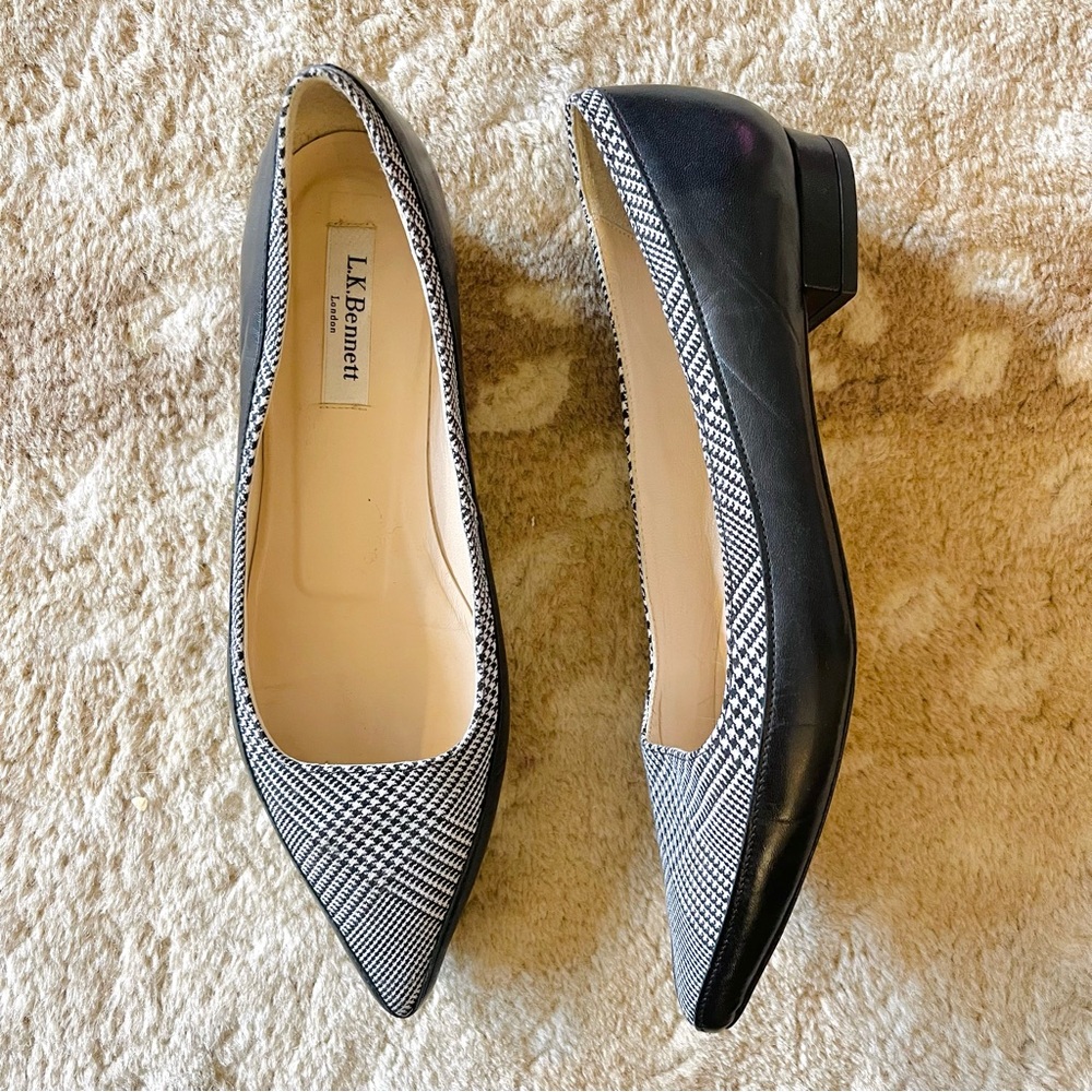 L.K.Benneth Leather Point Heel Flat Shoes Black White Houndstooth Plaid Size 37